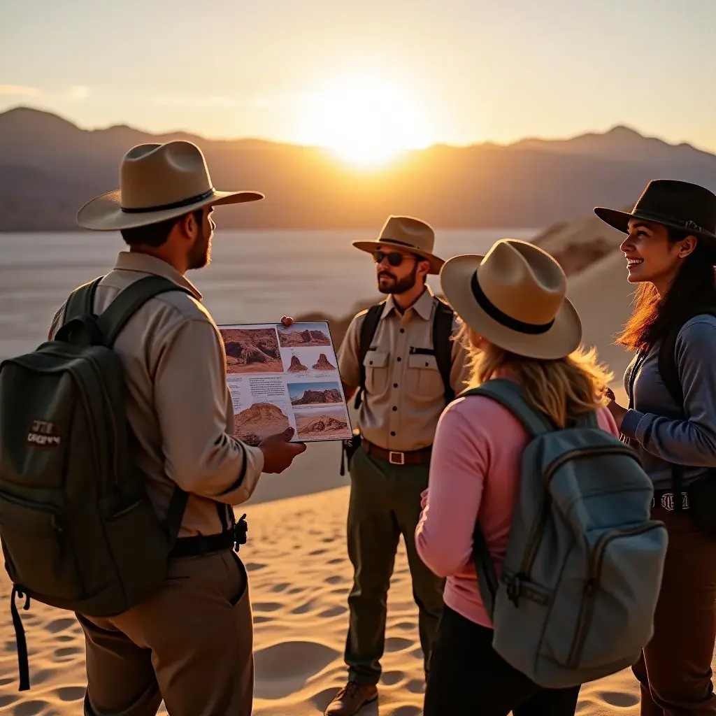Пейзаж Долины Смерти с яркими геологическими формациями на фоне голубого неба.
